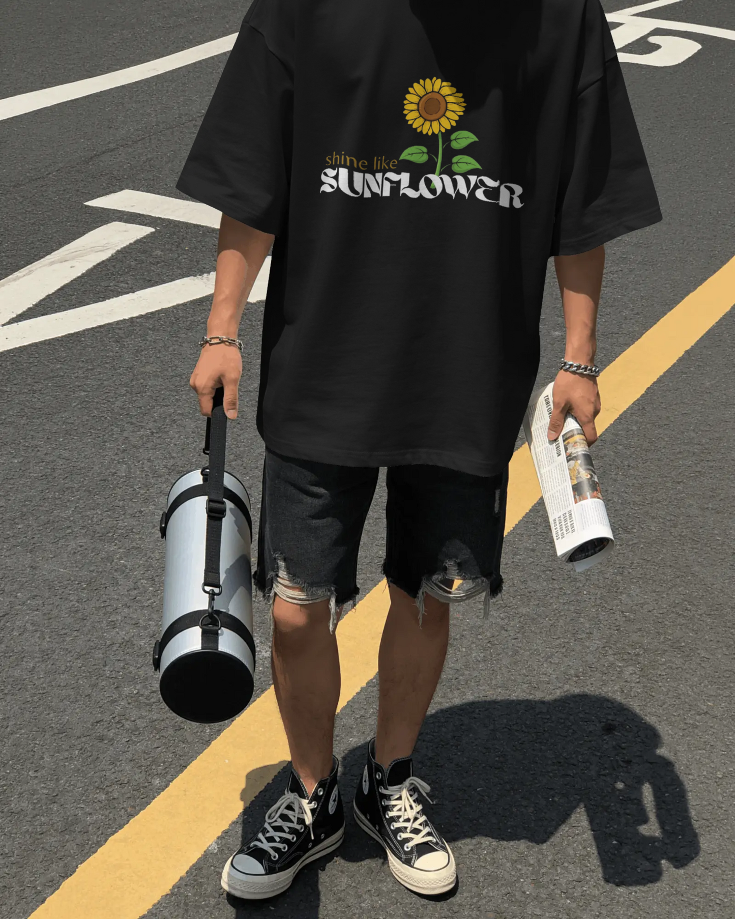 Sunflower design Black Oversized Classic T-Shirt